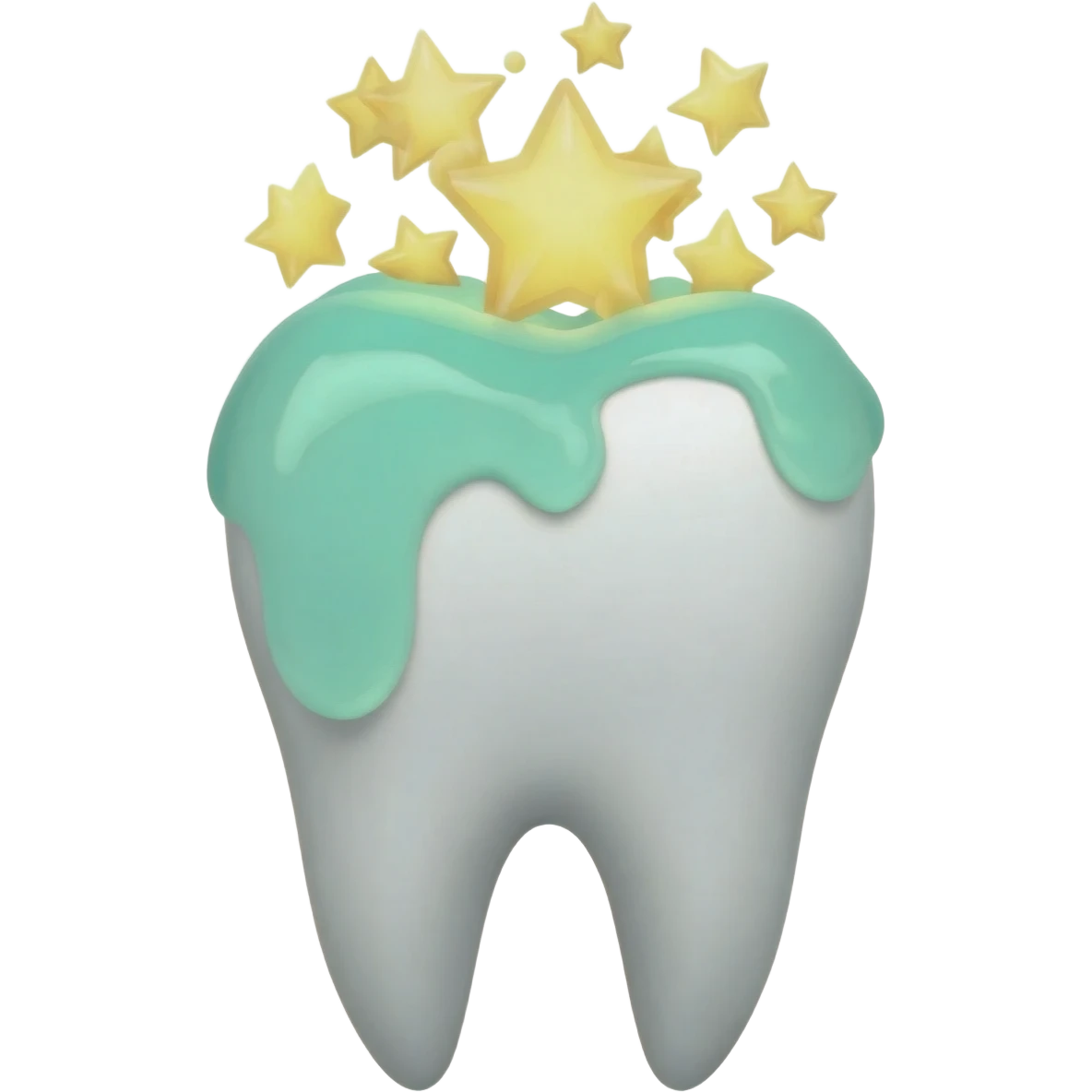 A white tooth being cleaned with watergreen foam and giving off golden shinning stars from the top emoji