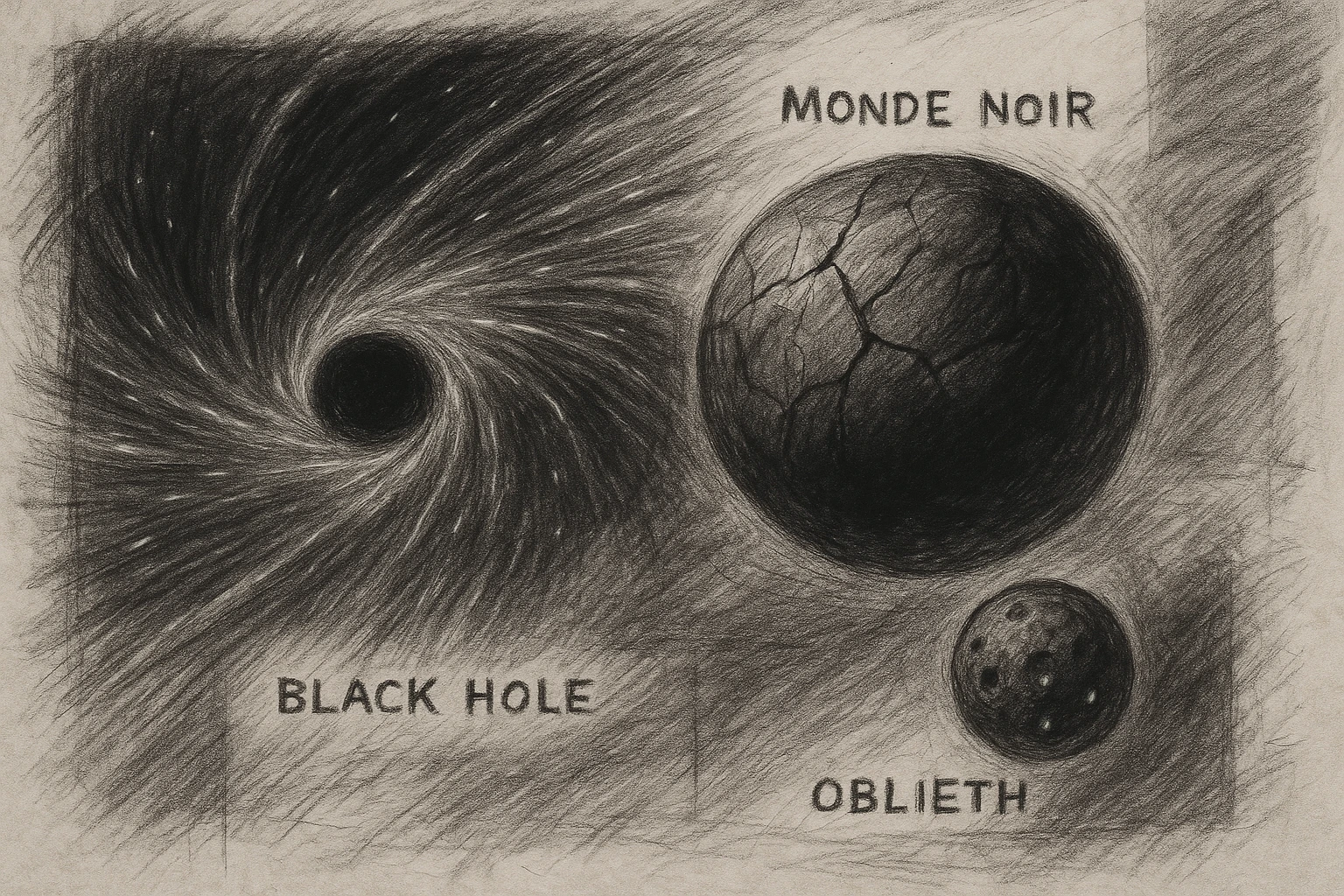hand drawn map of dark back ward -“A dark cosmic region orbiting a massive black hole. No sunlight. A dead solar system with twisted planets and moons circling in silence. Monde Noir looms in the foreground — a cracked, obsidian planet with no atmosphere. Its moon, Oblieth, floats nearby, scarred and pitted, with faint green lights glowing from within cave openings. Stars are distorted and streaked by gravitational lensing. The entire scene is heavy, quiet, and surreal.” emoji