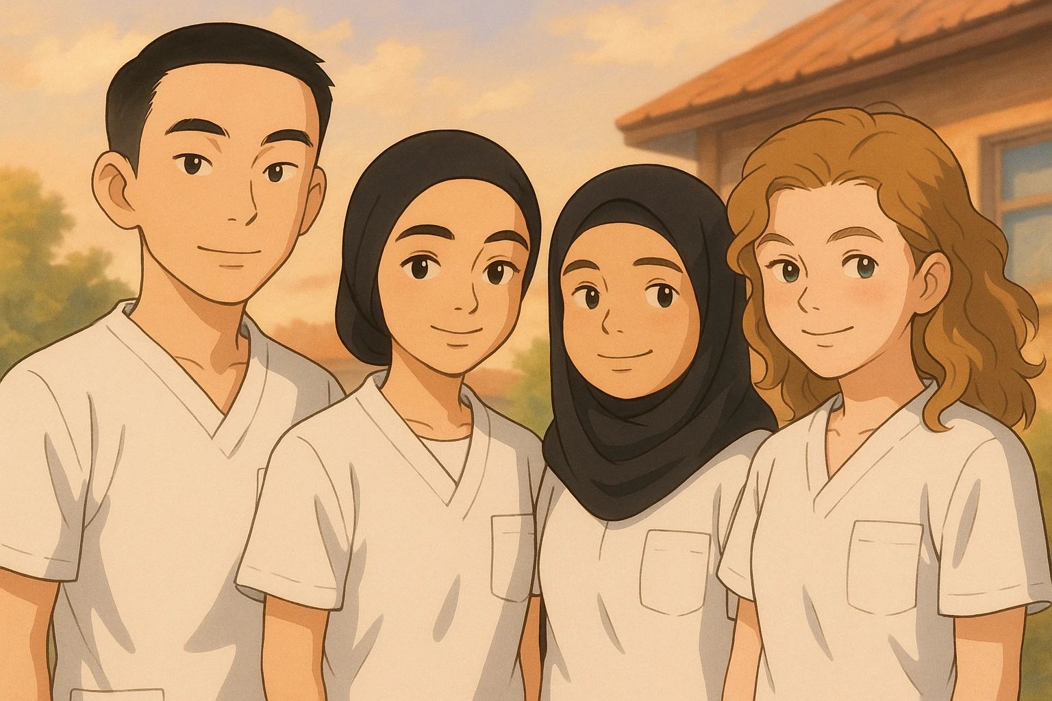 Four nursing students standing side by side in a warm atmosphere, styled in Ghibli. They wear white short-sleeve uniforms without collars, no undershirts or stethoscopes. Tops are medical tunics with V-necks and a chest pocket on the left side. Faces and attitudes inspired by the four provided photos, with a different composition. emoji