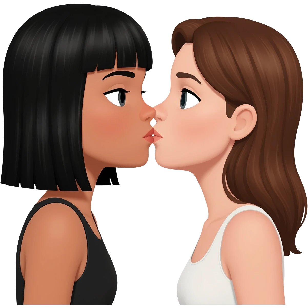 Lésbica uma morena cabelo preto liso com franja uma branca  cabelo castanho se beijando emoji