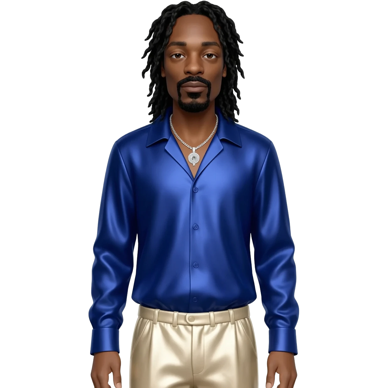 Snoop Dogg with long black hair, indigo metallic shirt, cream metallic baggy pants, silver necklace emoji