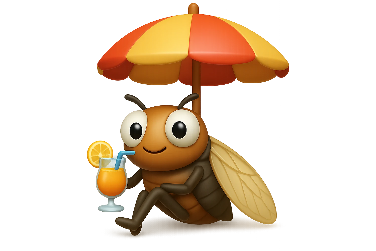 EMOJI STILE IPHONE 3D DI UNA CICALA CHE STA RILASSATA SEDUTA SOTTO L'OMBRELLONE IN SPIAGGIA CON UN COCKTAIL IN MANO, FAGLI GLI OCCHI CON LA PARTE BIANCA, NON SOLO LA PUPILLA emoji