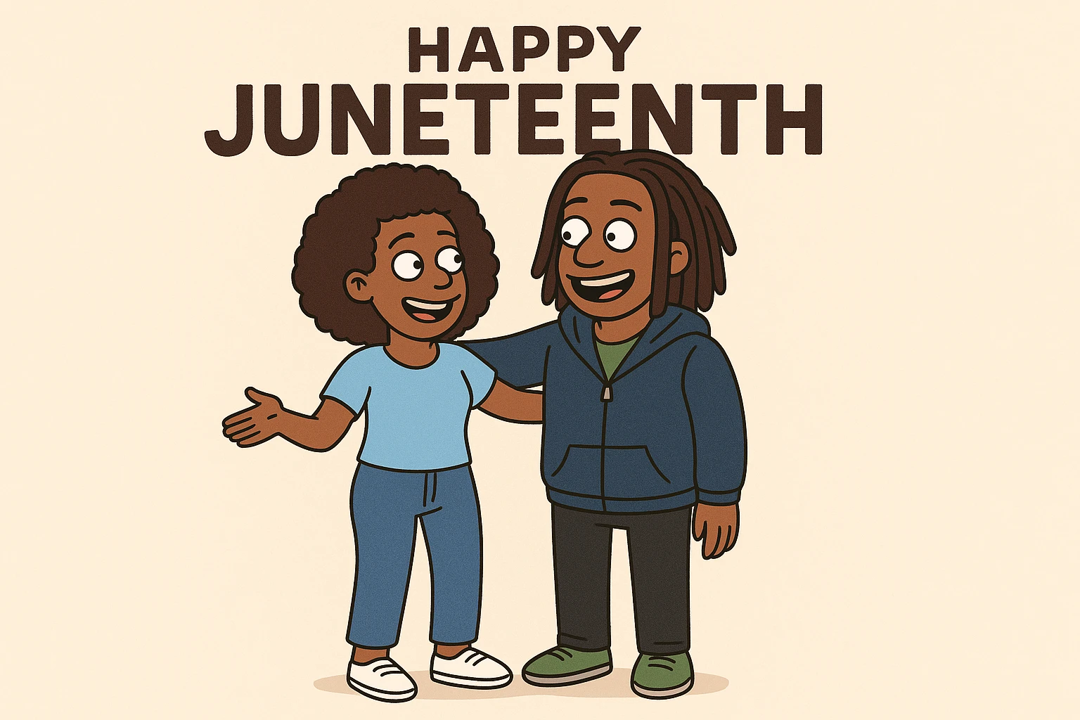 A woman Kinky hair light blue shirt blue jeans white shoes boy Dreadlocks dark brown hair green shuts navy blue zip up hoodie black jeans green shoes Bob Marley Vanessa Nakate Mae Jemison Happy JUNETEENTH emoji