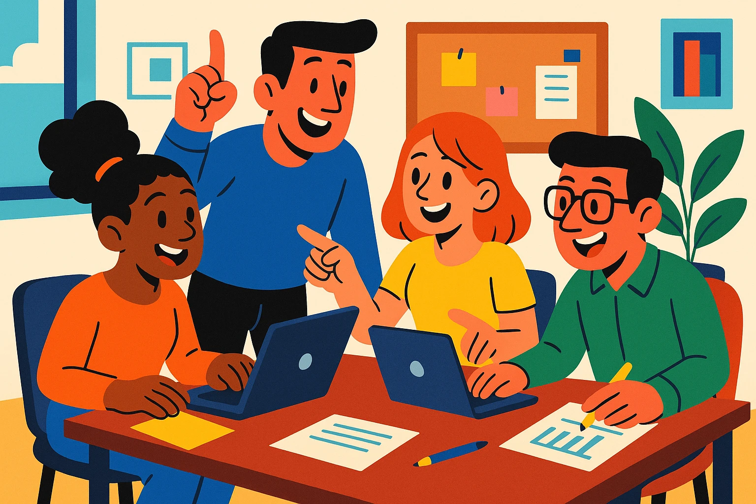a group of coworkers in an office, working together around a table, vibrant cartoon style emoji