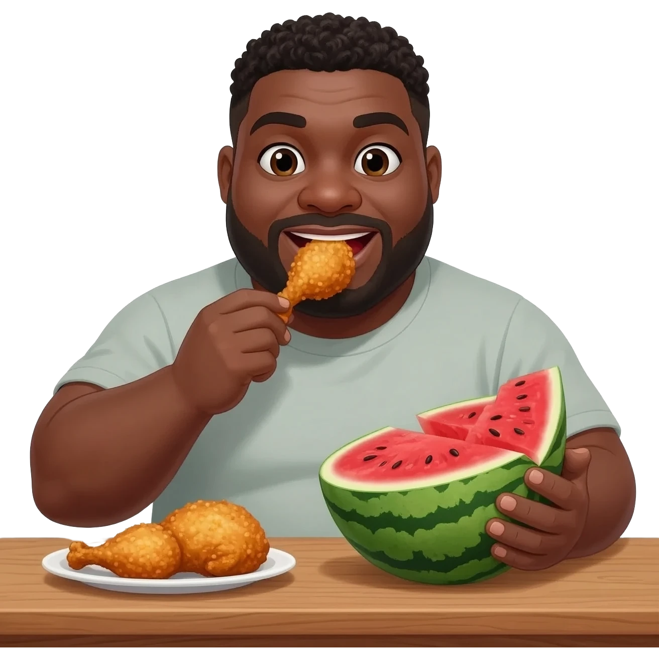 a black fat fat fat fat fat fat fat man eating fried chicken with watermelon emoji