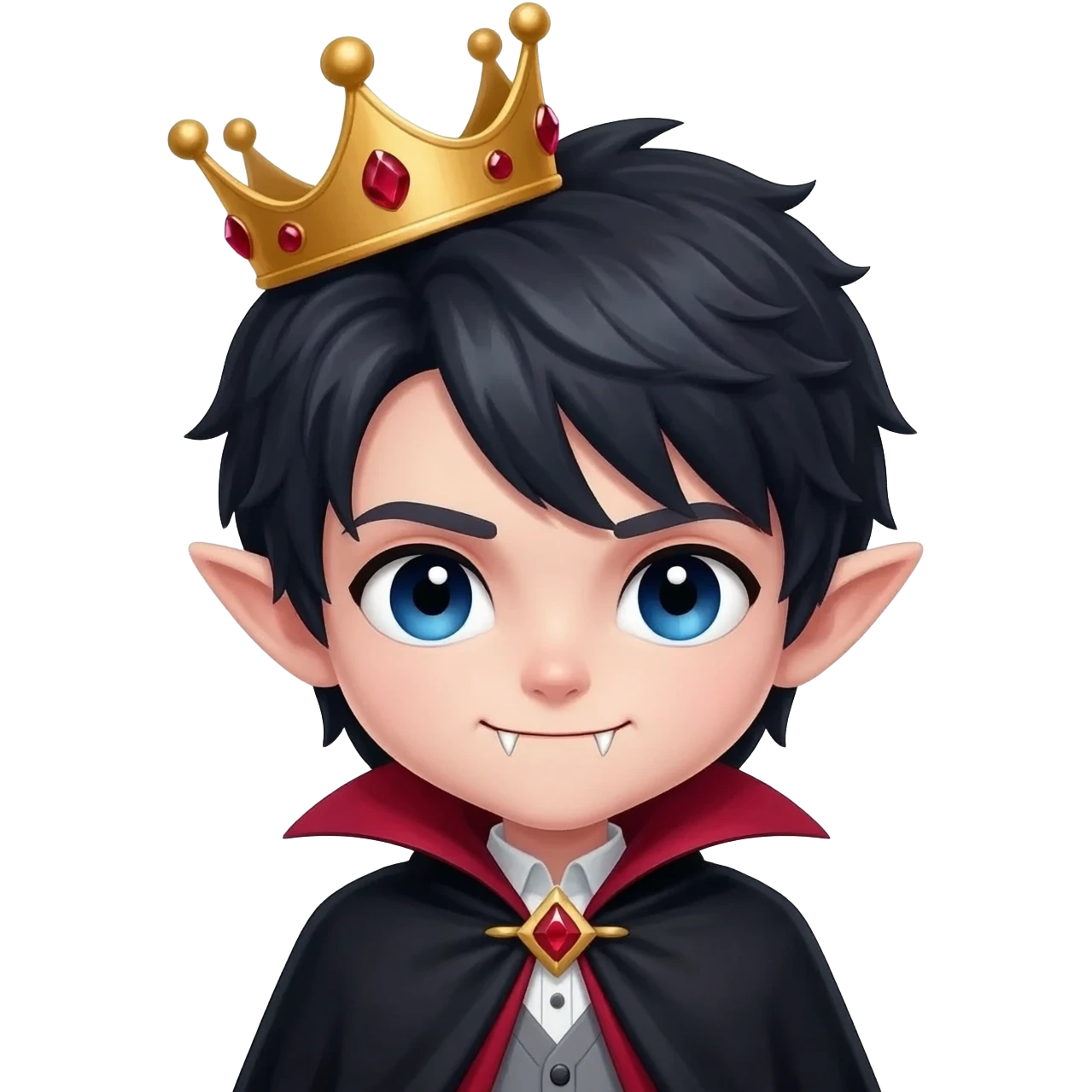 chibi vampire prince, messy dark hair, bright blue eyes, small fangs, slightly pointed ears, golden crown with red gems, black cape with red lining, grey cardigan, gothic fantasy style, cute chibi proportions, discord emoji style emoji