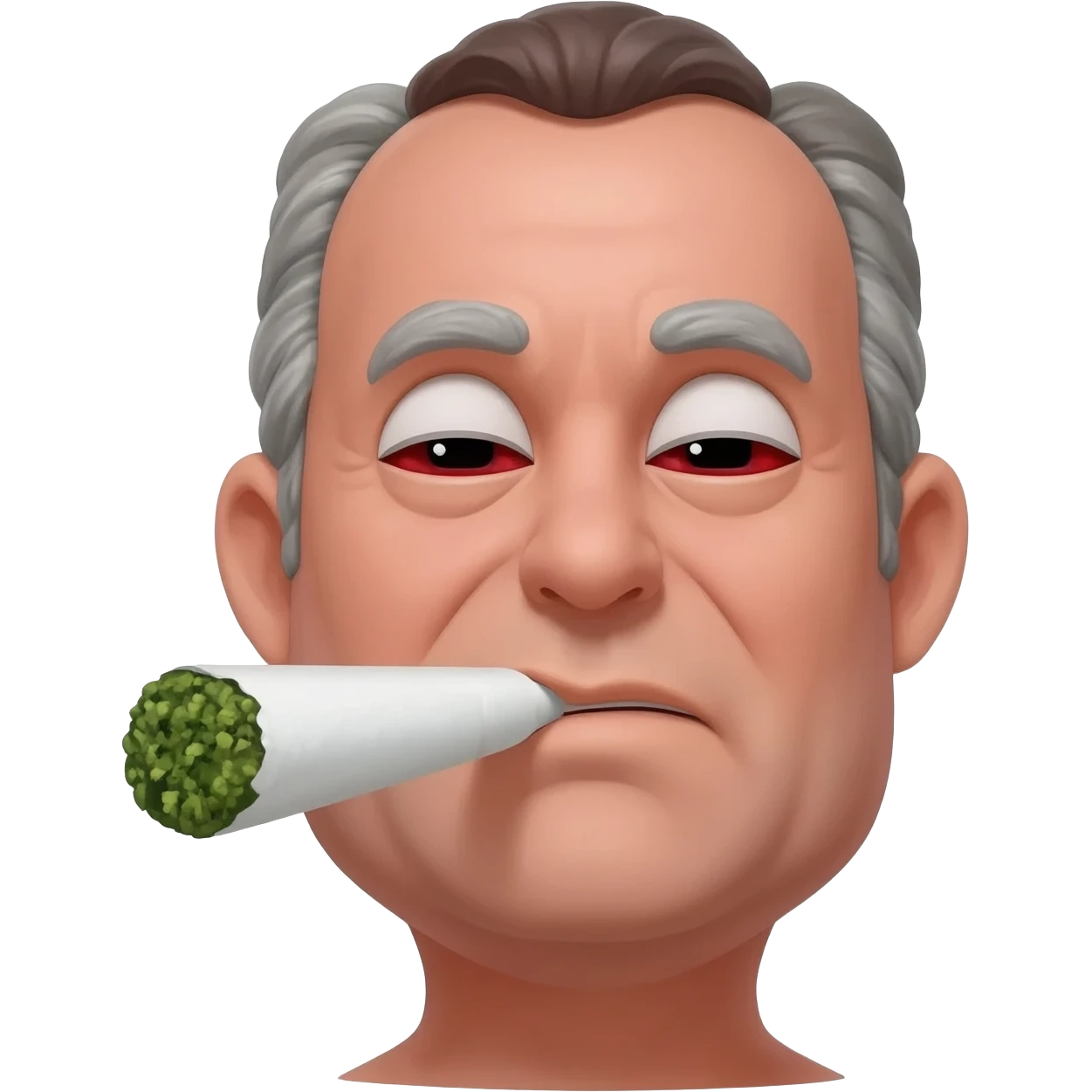 Chubby goofy looking middle aged  white guy with dark brown, but graying hair and bloodshot eyes, Smoking A SUPER HUGE white and green smoking doobie emoji