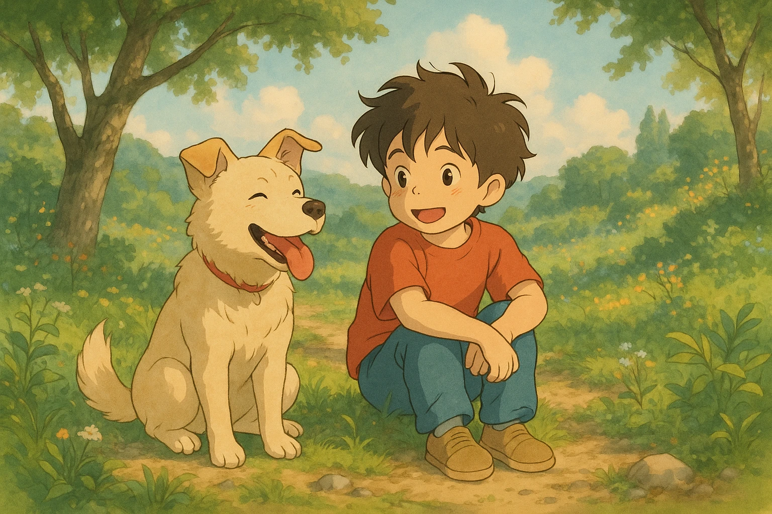 kid and his pet dog in studio ghibili style emoji
