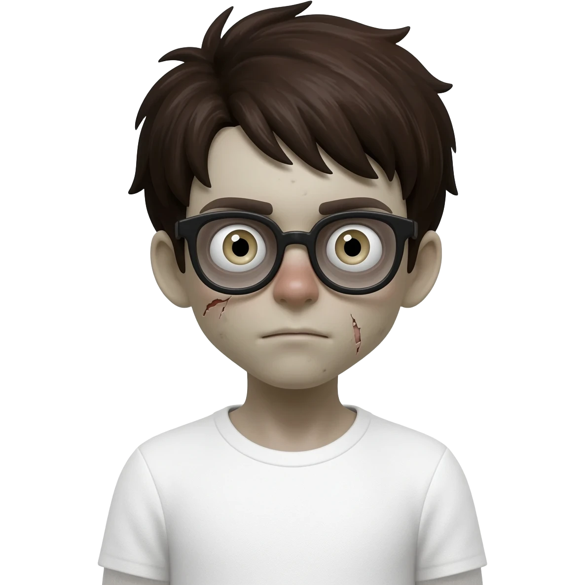 zombie boy with white tshirt and black brownish hair and with black glasses frames on hair is texturized young boy and round face emoji