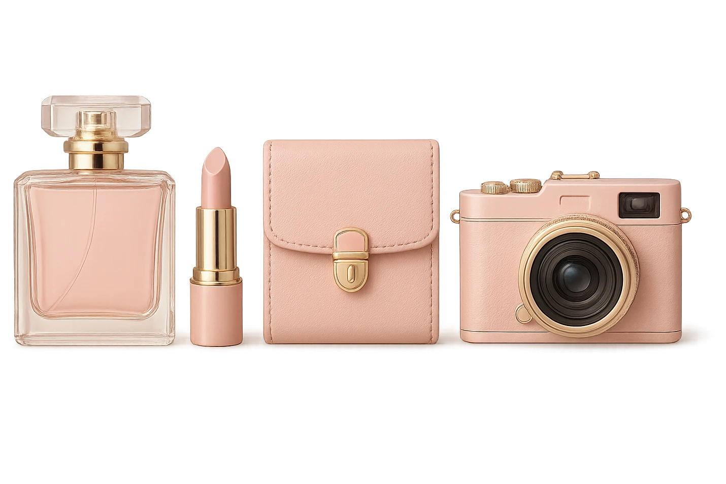 themed pink beauty with pink perfume bottle, pink lipstick, pink wallet, pink camera, all matching, elegant emoji