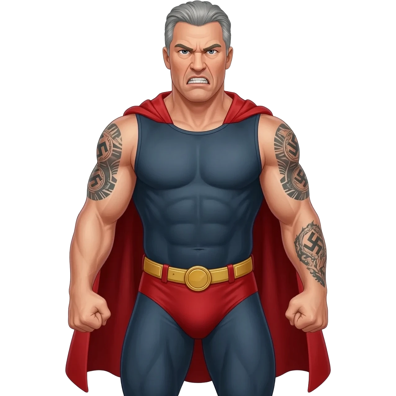 an angry Pete Hegseth with Grey hair shirtlesswith nazi tattoos in a realistic style, powering up like a super hero in a photo realistic unflattering style, full body emoji
