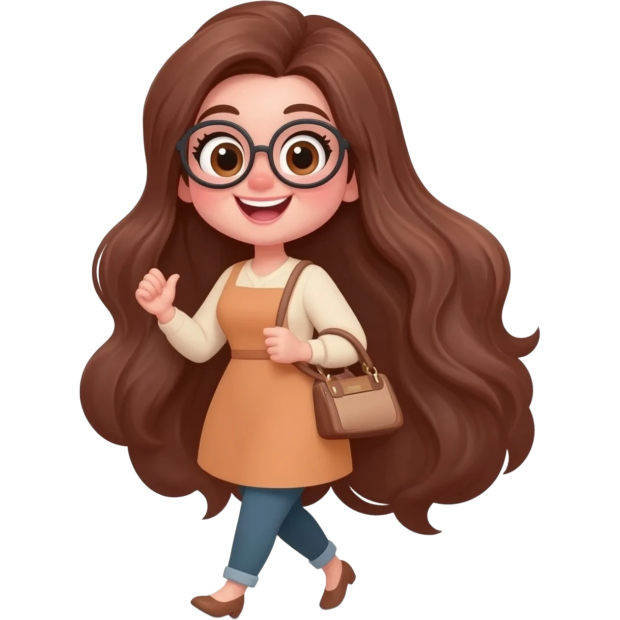 detailed emoji illustration of a curvy woman with long chestnut brown wavy hair, big light brown eyes and round glasses walking to a bookstore, carrying a handbag, happy and excited expression, cute emoji style illustration emoji