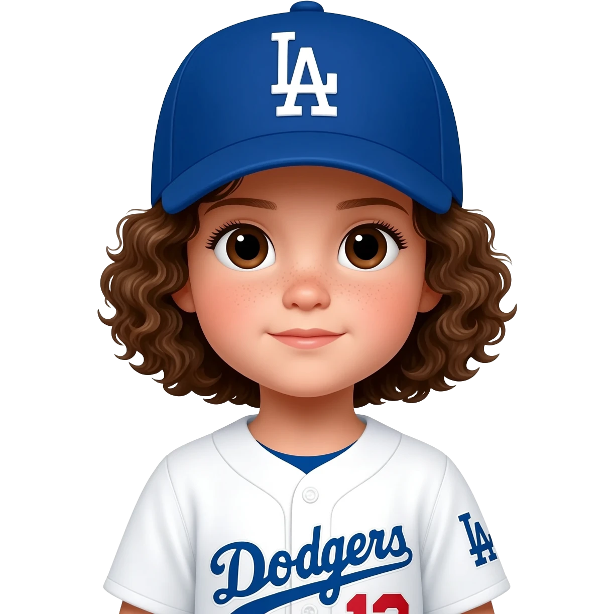 toddler girl in a white dodgers uniform with baseball cap curly brown short hair and dark brown eyes emoji