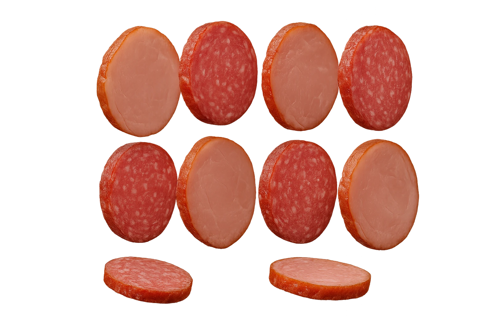 fettine di prosciutto cotto e di salame fluttuano in aria verticalmente, IPERREALISTICA 4K emoji