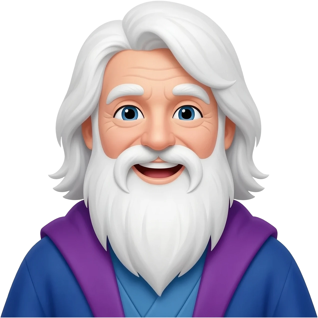 A wizard wgite shoulder leghth hair long white beard and mushash grinning really big in blue and purple wizard cloth emoji