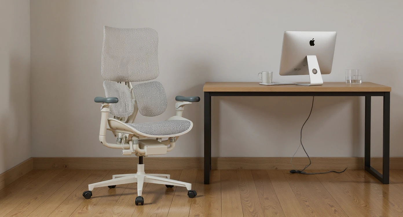 Editorial shot, Make this chair next to desk with mac setup, wooden modern floor, minimalistic room, contrast chair to wall, chair standing front to camera emoji