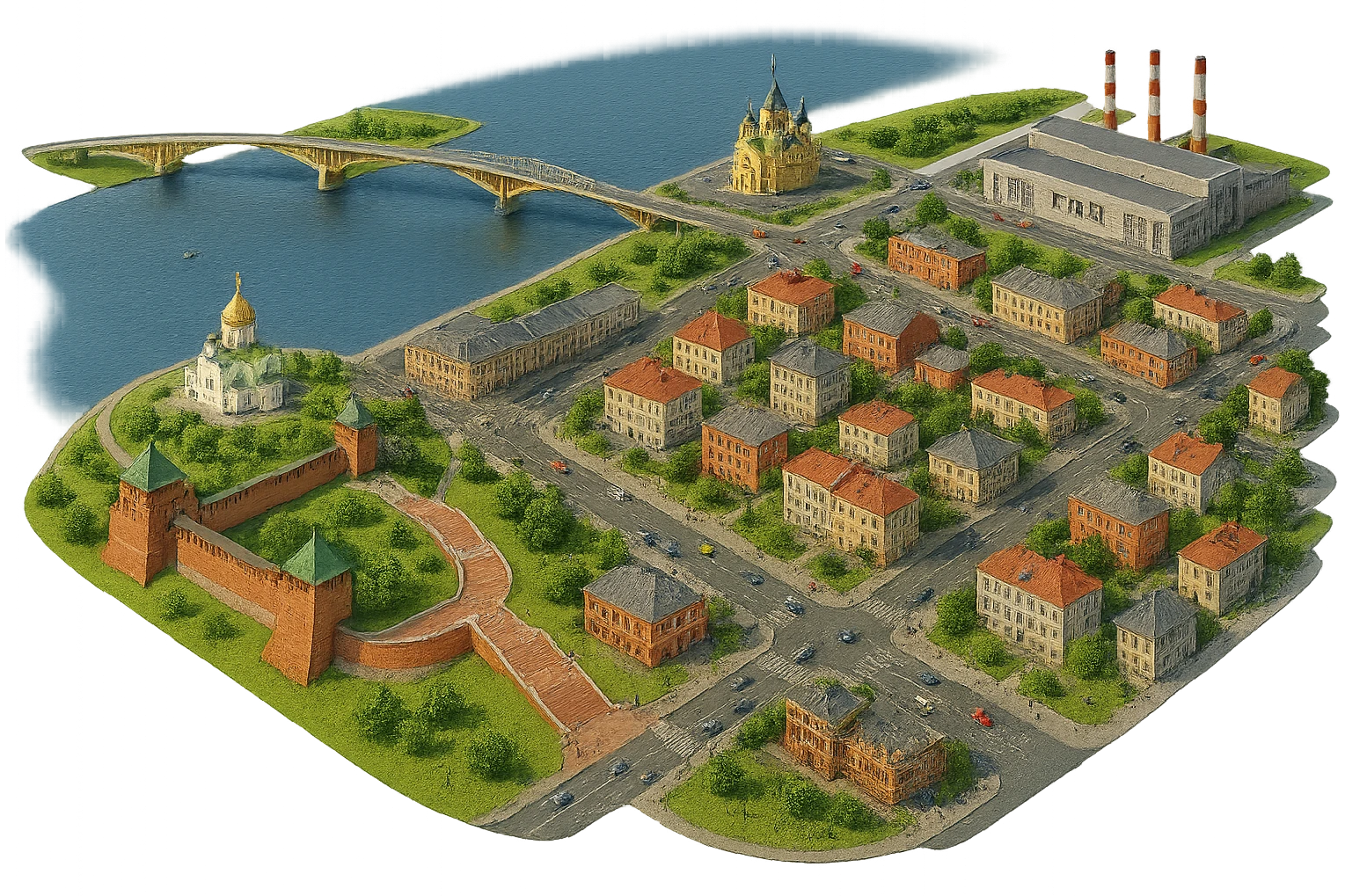 Изометричная миниатюрная фотореалистичная 3D модель панорамы Нижнего Новгорода - Нижегородский Кремль, Стрелка между Окой и Волгой, ГАЗ, Чкаловская лестница, Борский Мост через Волгу, Нижегородская ярмарка, нижегородские дома, автотранспорт четкие линии, яркие цвета, люди, компактная композиция, вид сверху в изометрии, прозрачный фон emoji