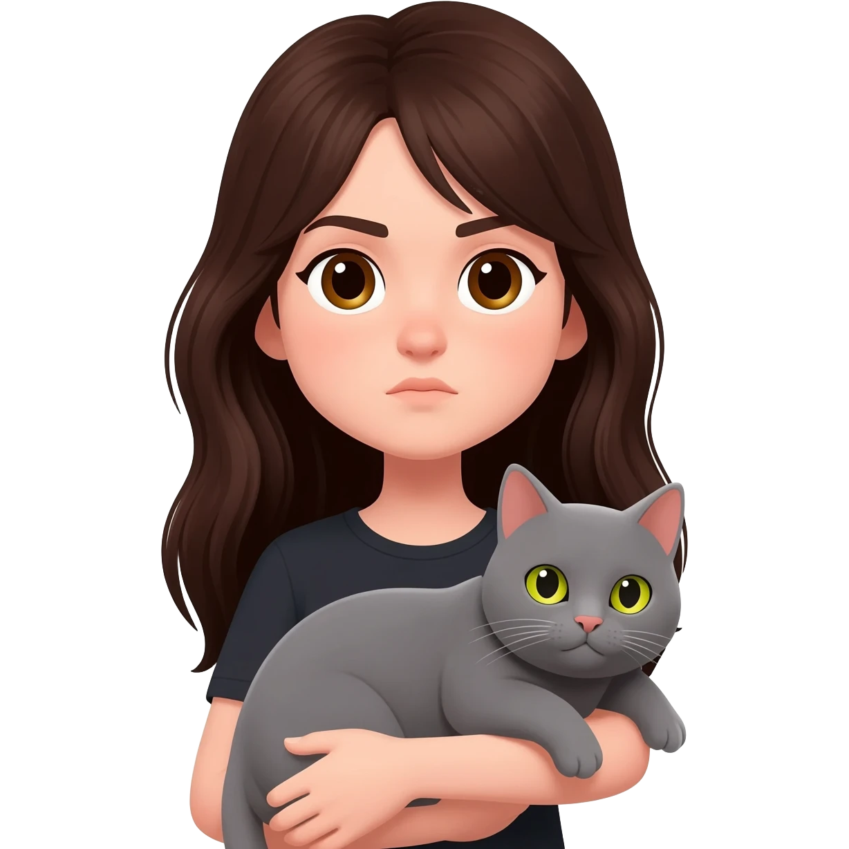 una chica con pelo castaña oscuro largo y ojos marrones con un gato gris de ojos amarillos casi verdes en brazos y los dos serios emoji