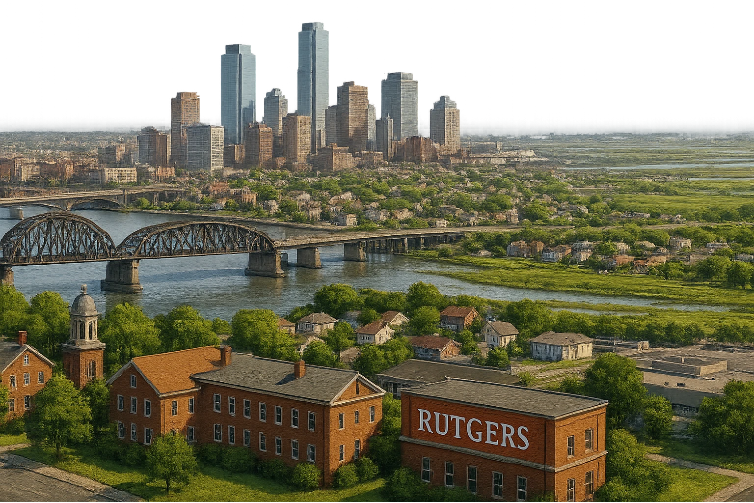 cinematic realistic emoji of Northern New Jersey panoramic cityscape with Rutgers University campus, bridges, skyline, suburban areas, Meadowlands, lifelike detail, accurate colors, bright daylight, no sky, no clouds emoji