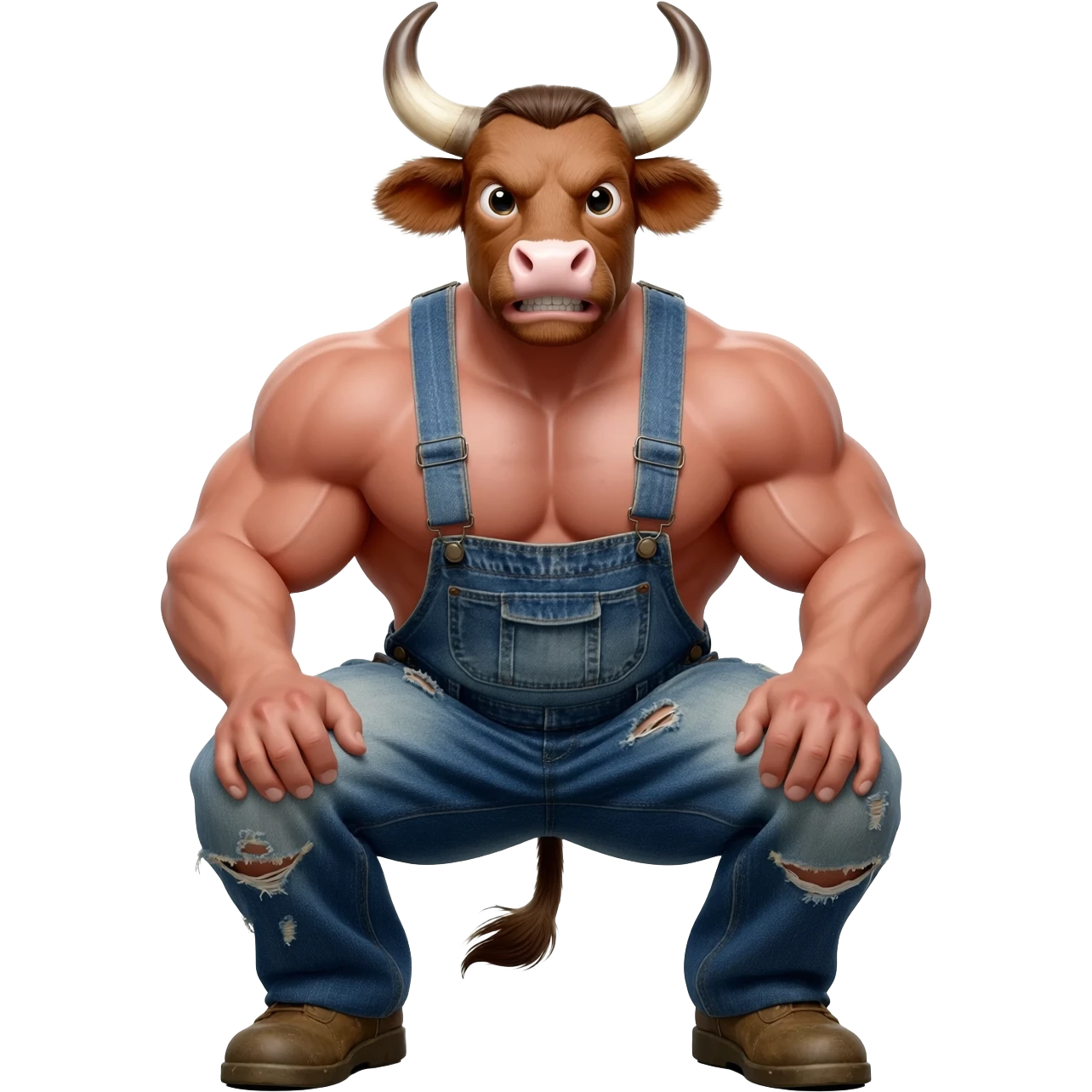 furious sunburnt country handsome extra large muscular man with large breasts with bull horns and cow ears and cow tail dressed in shabby ragged denim overalls squats legs vide open emoji