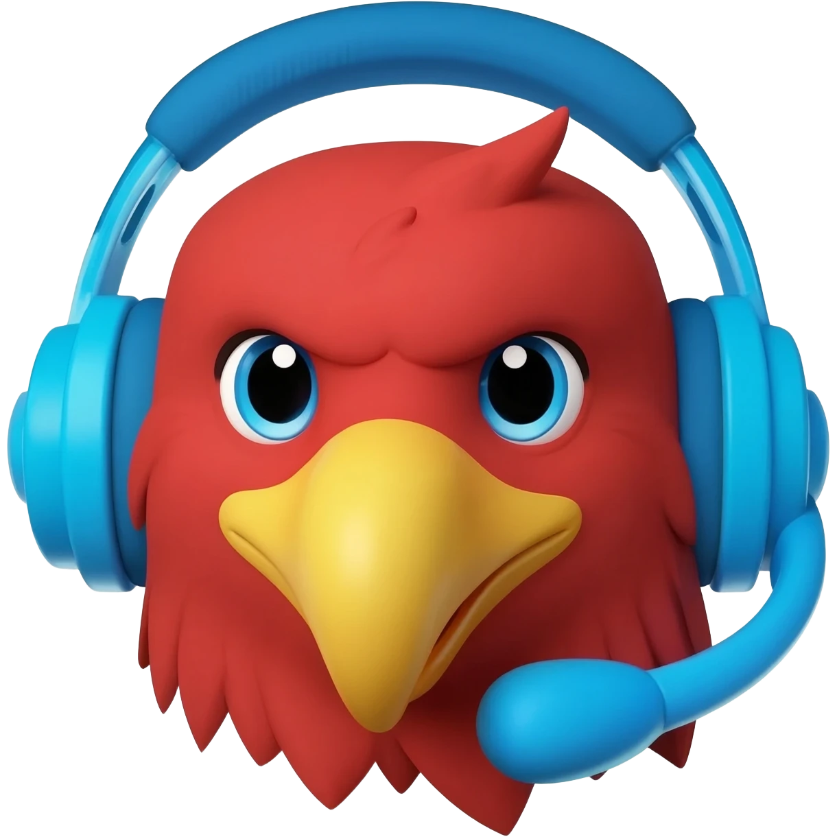 Cute 3D emoji of a red eagle head wearing a blue headset, smiling professionally, isolated on white background, cartoon render. emoji