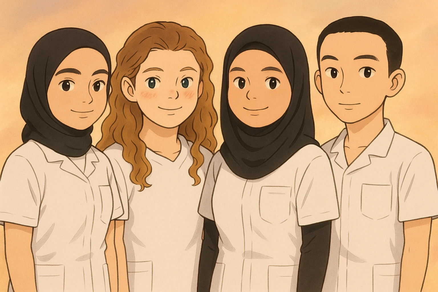 Illustrate four nursing students standing side by side in a warm atmosphere, wearing short-sleeved white uniforms without undershirts or stethoscopes, inspired by the four provided faces, in Ghibli style. emoji