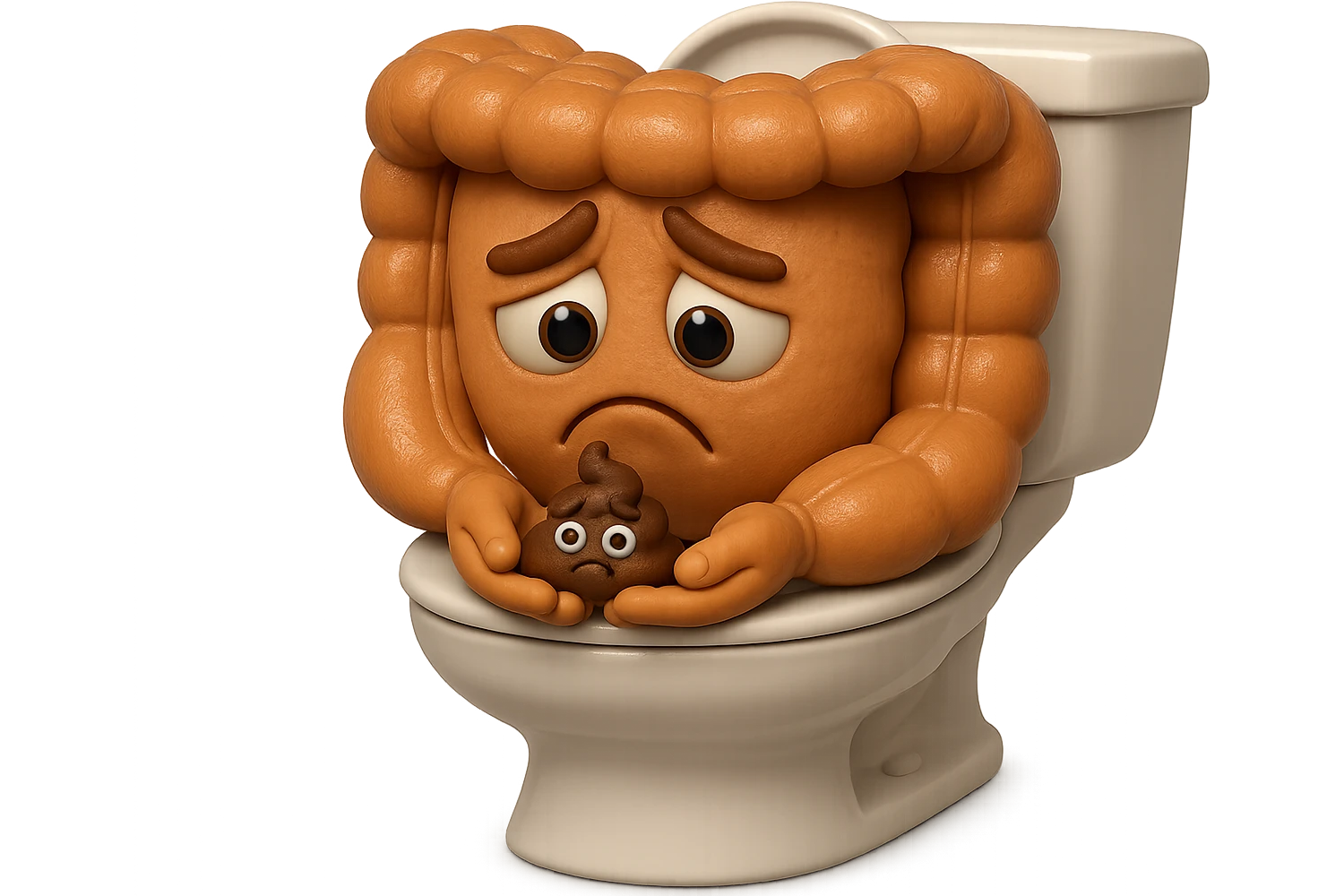 emoji stile iphone di un intestino realistico 3d che esce dal wc con in mano una montagnetta di feci con espressione triste a palline, iperrealistico 4k emoji
