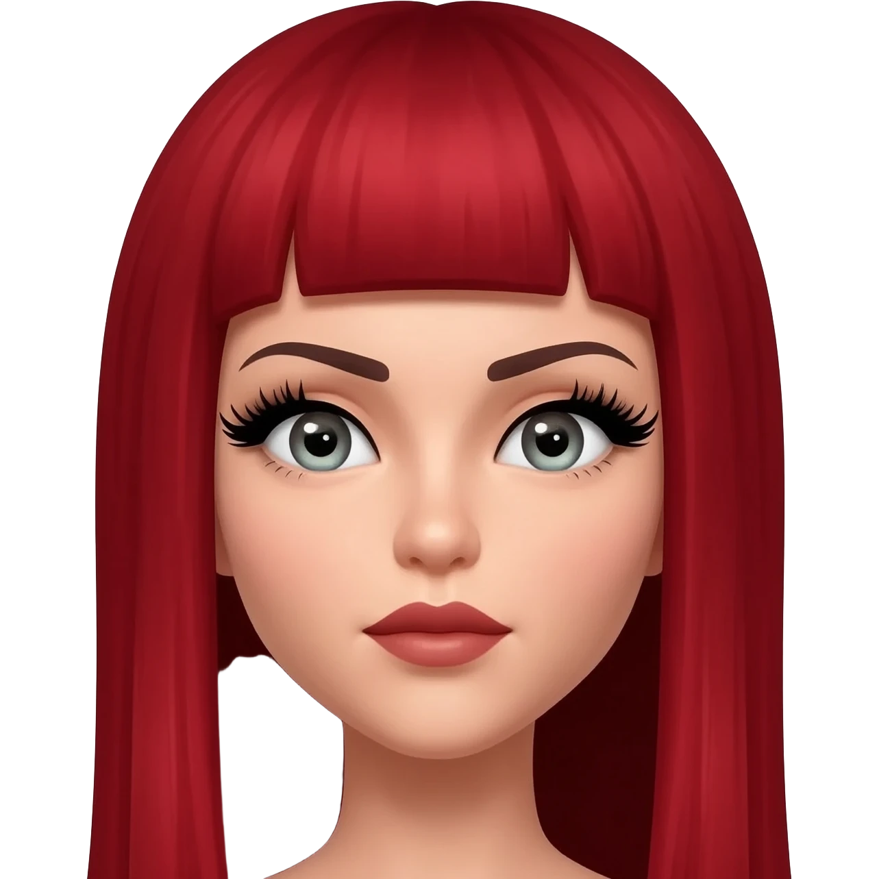 Red cherry hair, two slits on left eyebrow, 1 slit on right eyebrow, fake lashes, makeup, emoji