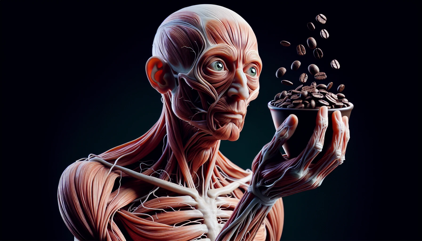 corpo umano anatomico che tiene in mano una manciata di chicchi di caffè e la guarda come se fosse dipendente da essa, stralunato, iperrealistico 4k emoji