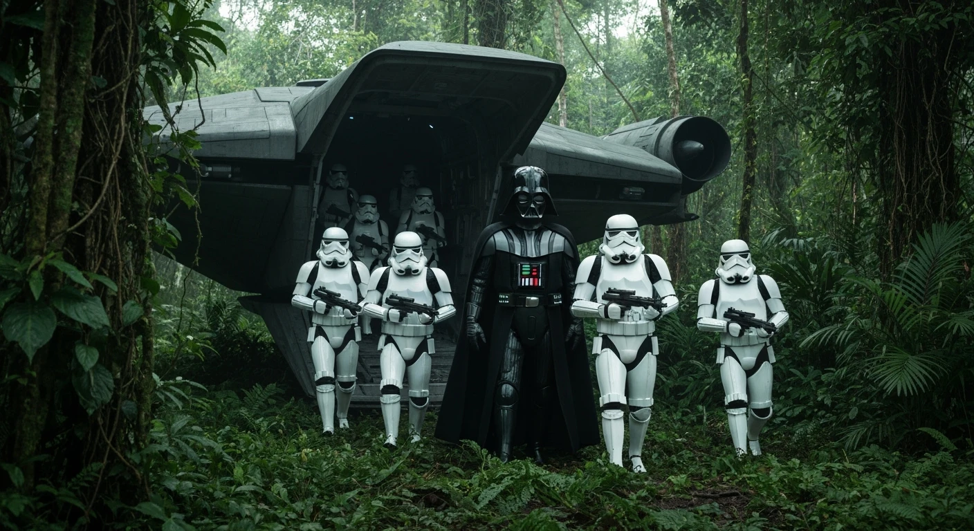 cinematic still, Medium shot, amazon jungle, Darth Vader around stormtroopers coming out from starship on ground, they are exploring the jungle, inspired by StarWars movie, captured by arri alexa emoji
