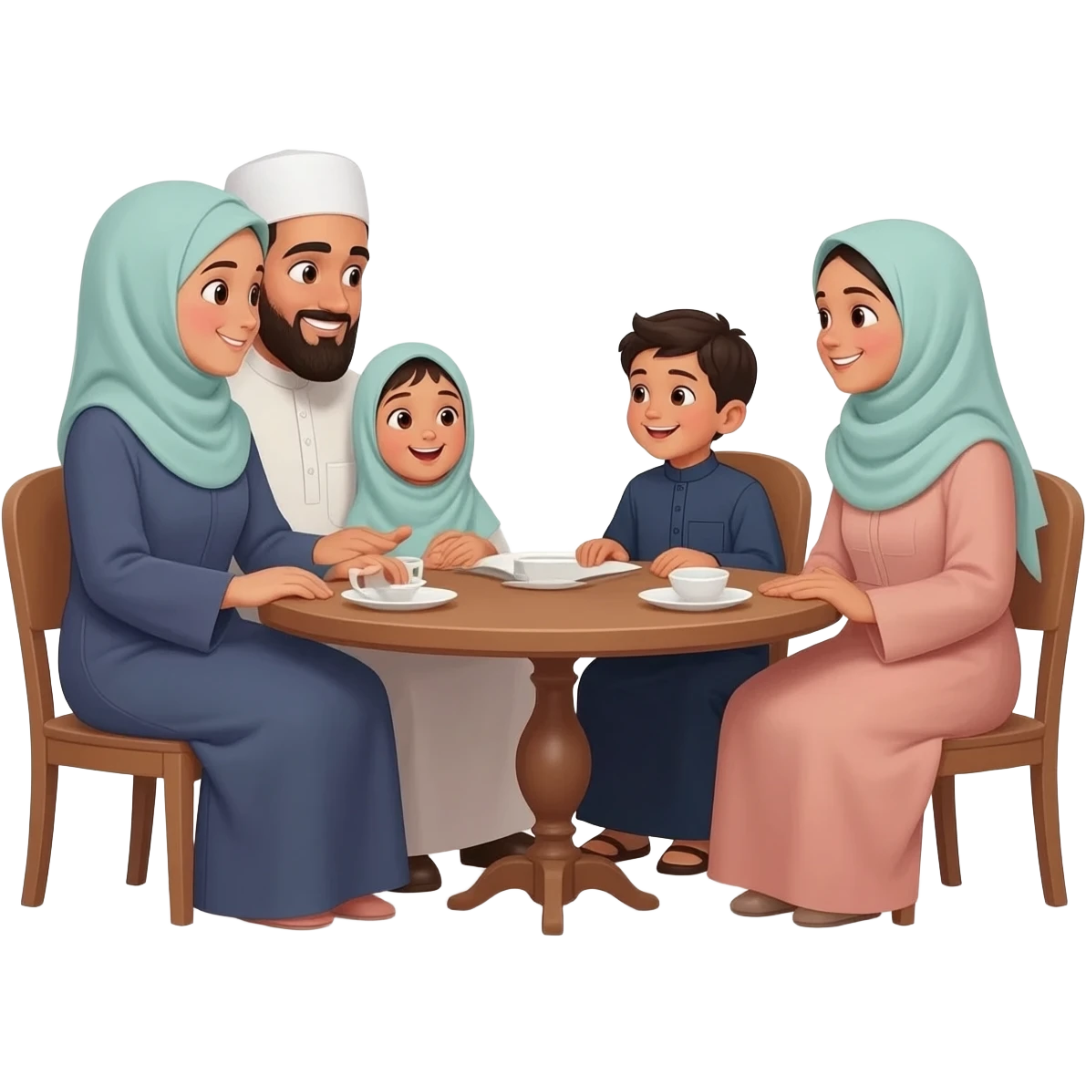 islamic family sitting on table; mother wearing without hijab; father with beard and islamic clothes white cap on head; little girls  hijab and one little boy; kids wearing traditional clothes and talking happily to each other emoji
