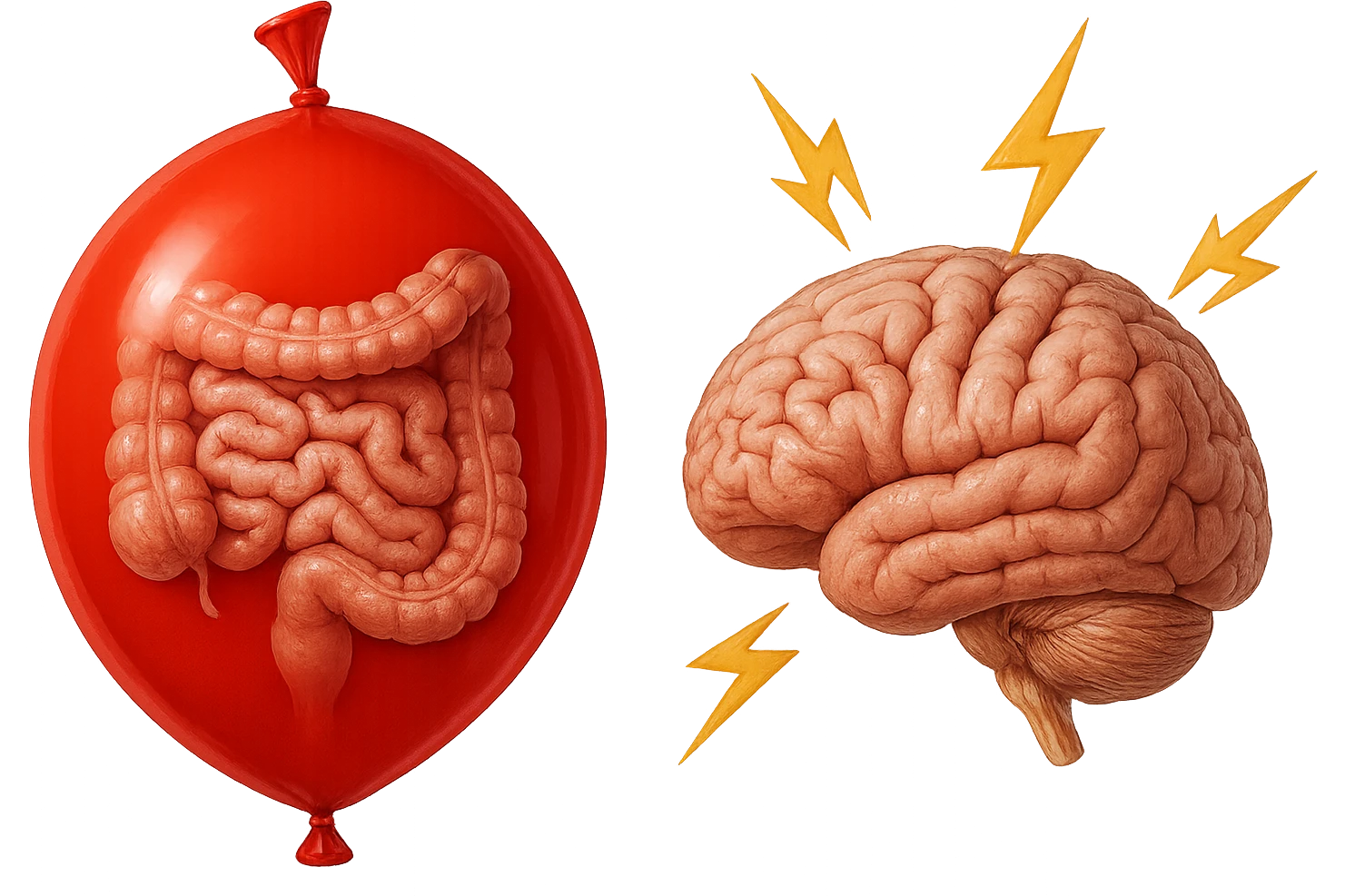 intestino umano anatomico chiuso in un palloncino rosso che simboleggia gonfiore, accanto un cervello anatomico con fulmini vicino che simboleggiano "stress", iperrealistico 4k emoji
