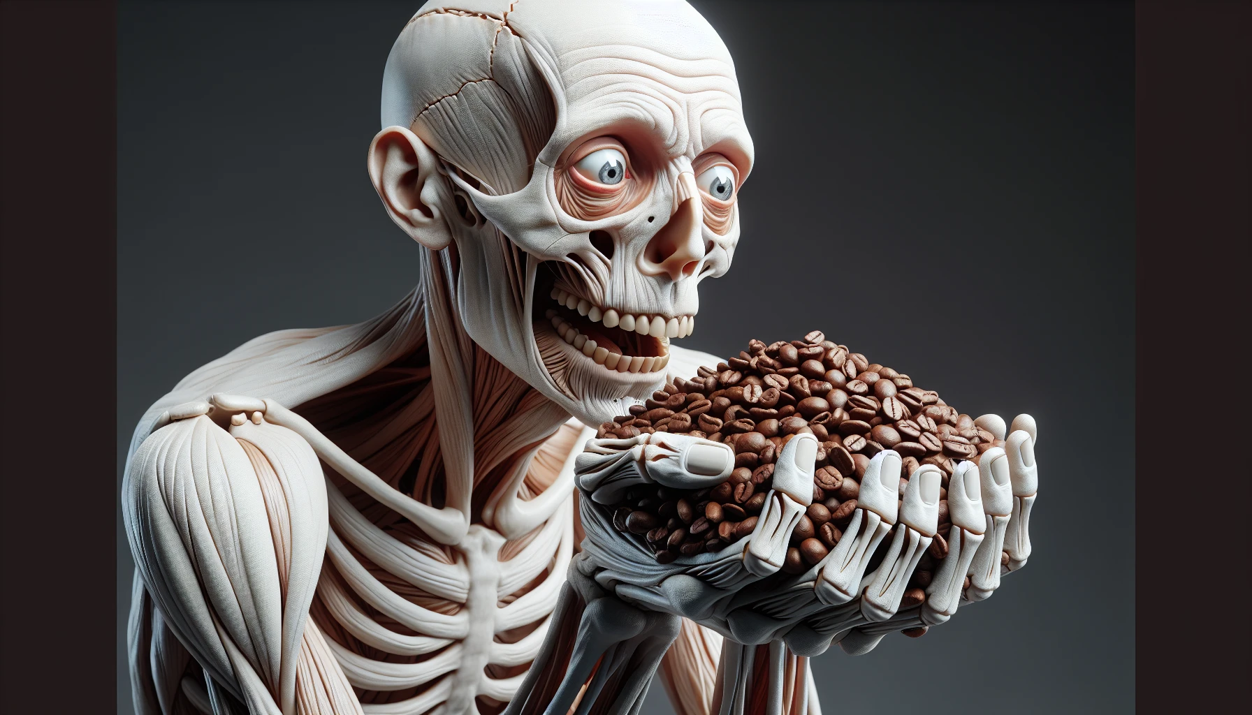 corpo umano anatomico che tiene in mano una manciata di chicchi di caffè e la guarda come se fosse dipendente da essa, stralunato, iperrealistico 4k emoji