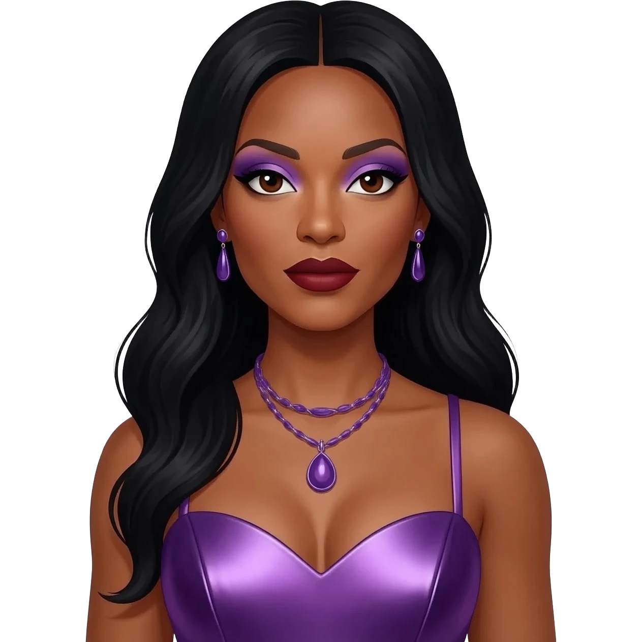 Tenitra Michelle Williams, R&B Singer (b.1979) with dark brown eyes, long black hair, pale purple eyeshadow, dark red lipstick, purple metallic sweetheart dress, purple necklace and earrings emoji