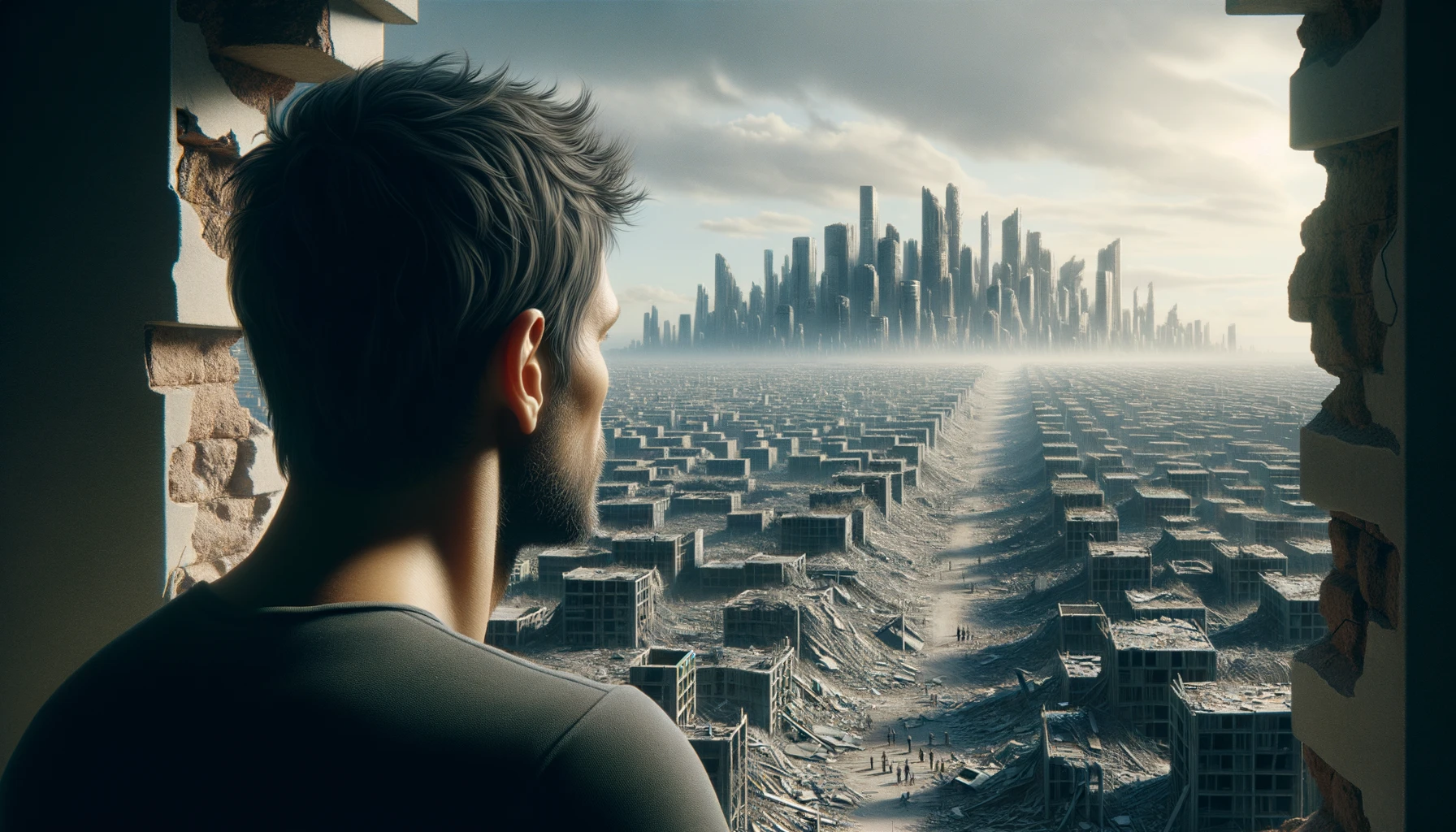 UOMO DI SPALLE DAVANTI AD UNA CITTà SMANTELLATA SENZA MURA, GUARDA LA CITTà, IPERREALISTICO 4K emoji