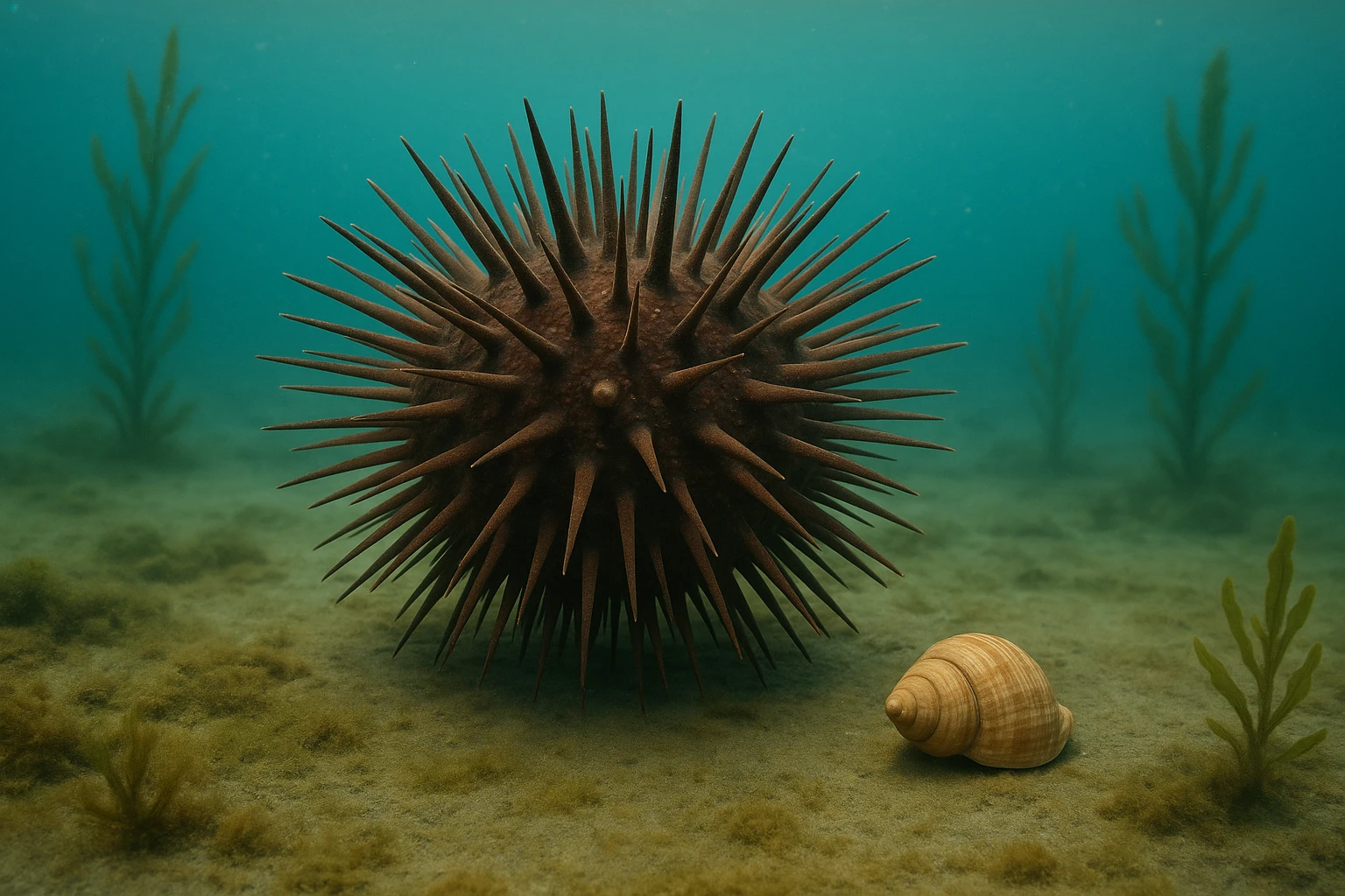 realistic sea urchin, highly detailed, natural colors, underwater, no text, ghibli style with realism emphasis emoji