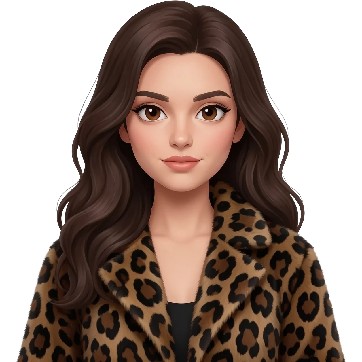 A stylish young woman with long, wavy dark brown hair and defined, expressive eyebrows. She has deep brown eyes with a calm, aesthetic gaze. She is wearing a chic, oversized dark leopard-print faux fur coat.modern, high-fashion, and slightly mysterious vibe.8k resolution, cinematic lighting. emoji