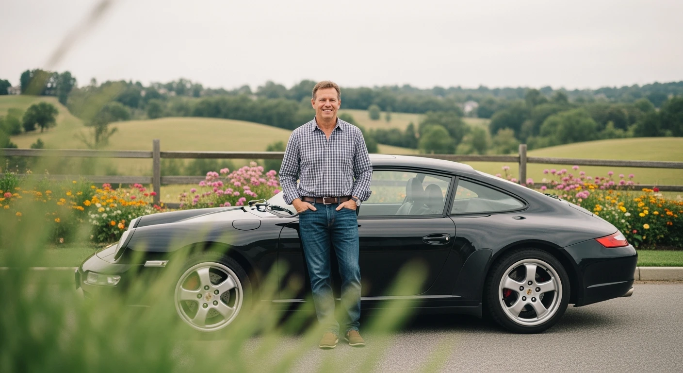 A portrait of a white person next to porsche 911 in the foreground, blurred plants in the foreground, a wooden fence and colorfull flowers in the midground, rolling hills in the background, cinematic depth of field, layered composition, natural lighting emoji