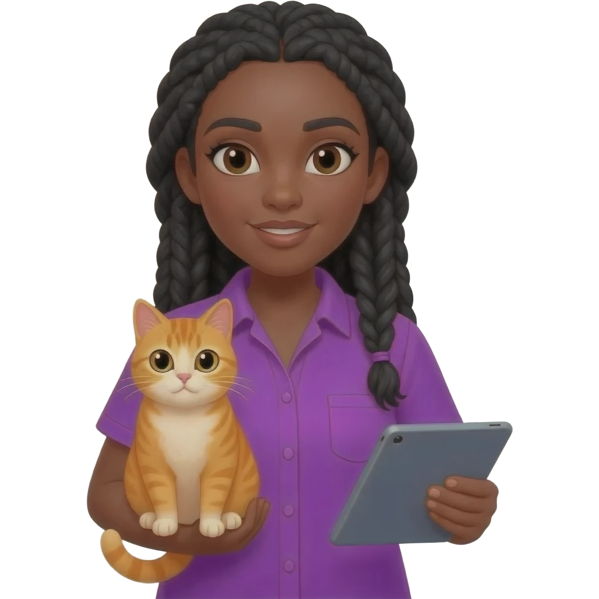 Émoji représentant une femme peau marron avec des longues nattes noires, une belle chemise violette, tenant un chat orange dans une main et une tablette dans l'autre emoji