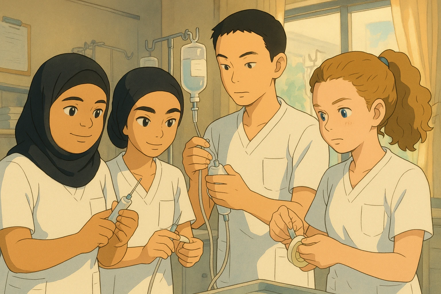 Four nursing students inspired by the photos, in Ghibli style, preparing medical equipment together in a care room. They wear short-sleeved white uniforms with V-neck medical tunics, left chest pocket, no collar stand, no stethoscopes, bare forearms, and long hair tied back for those who have it. The atmosphere is dynamic and professional. emoji