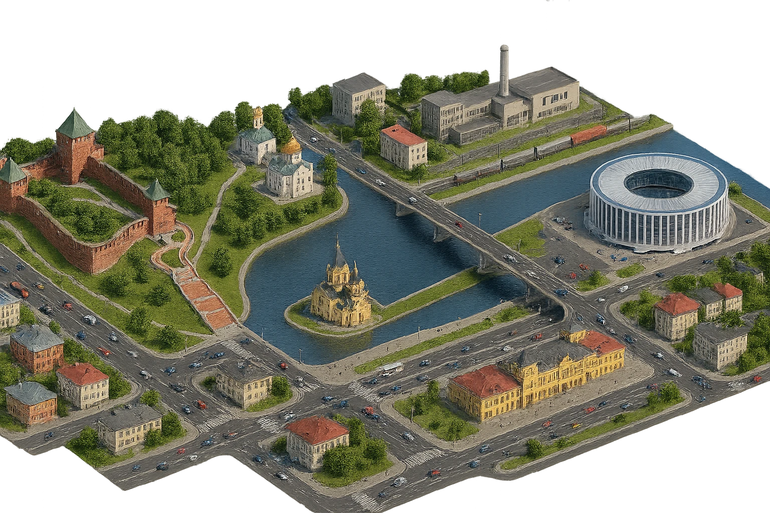 Изометричная миниатюрная фотореалистичная 3D модель панорамы Нижнего Новгорода - Нижегородский Кремль, Стрелка между Окой и Волгой, стадион Нижний Новгород, ГАЗ, Чкаловская лестница, Борский Мост через Волгу, Нижегородская ярмарка, немного нижегородских домов, автотранспорт четкие линии, яркие цвета, люди, компактная композиция, вид сверху в изометрии, прозрачный фон emoji