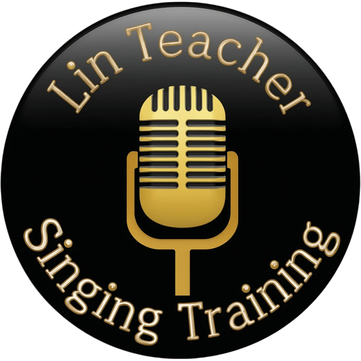 直接帮我生成一款成品推荐组合Logo图 👉 黑金色 👉 圆形徽章 👉 中间复古麦克风 👉 上方「林老师」 👉 下方「歌唱培训」 emoji