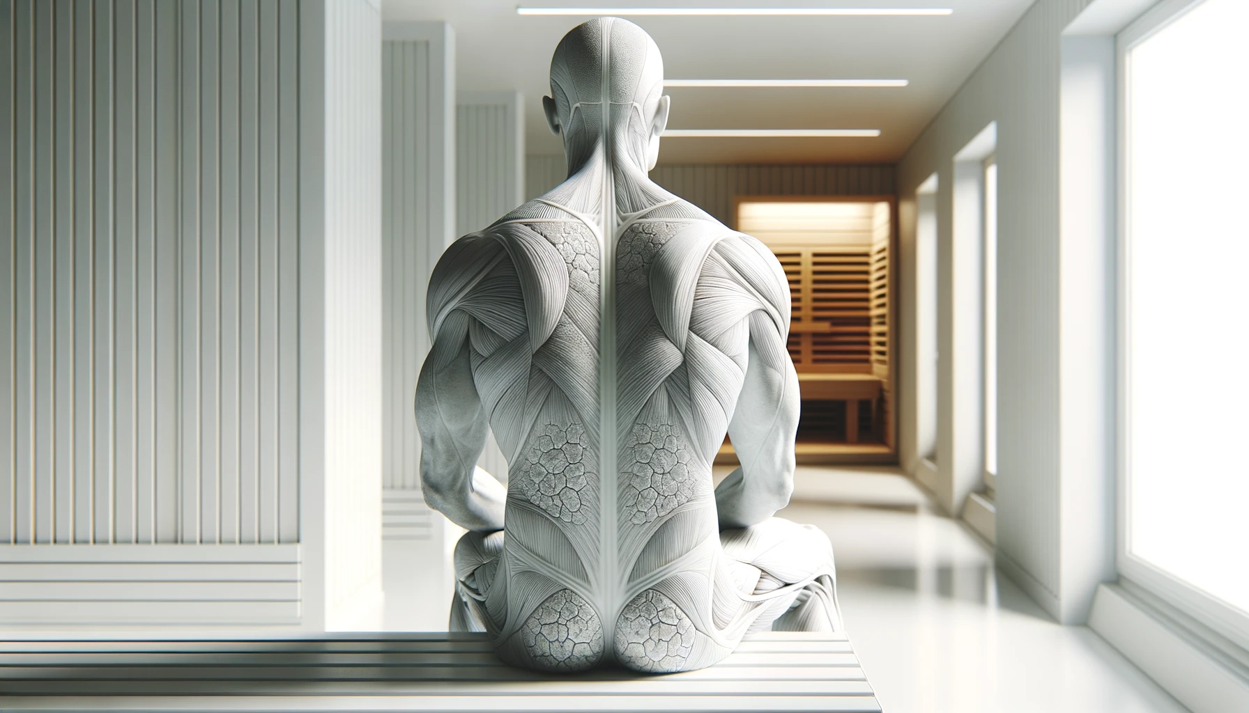 CORPO UMANO ANATOMICO REALISTICO DI SPALLE SEDUTO IN UNA SAUNA BIANCA, AMBIENTAZIONE MINIMAL WHITE SFOCATA DIETRO DI LUI, LUI IN PRIMO PIANO BEN VISIBILE, REALISTICO emoji