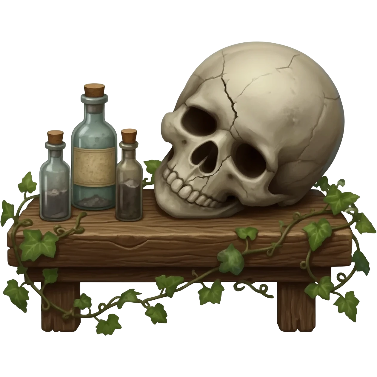 victorian still life arranged on a wooden board, includes a corpse's head, tiny dusty bottles, old battered books, some wrapped ivy emoji