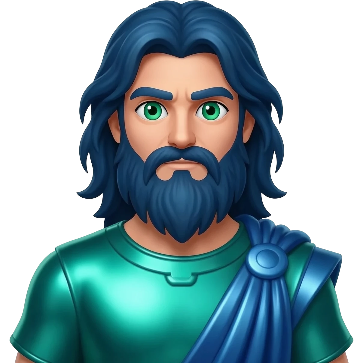 Neptune from Roman Mythology with sea green eyes, long dark blue hair and beard, sea green metallic tunic, blue metallic cloak emoji