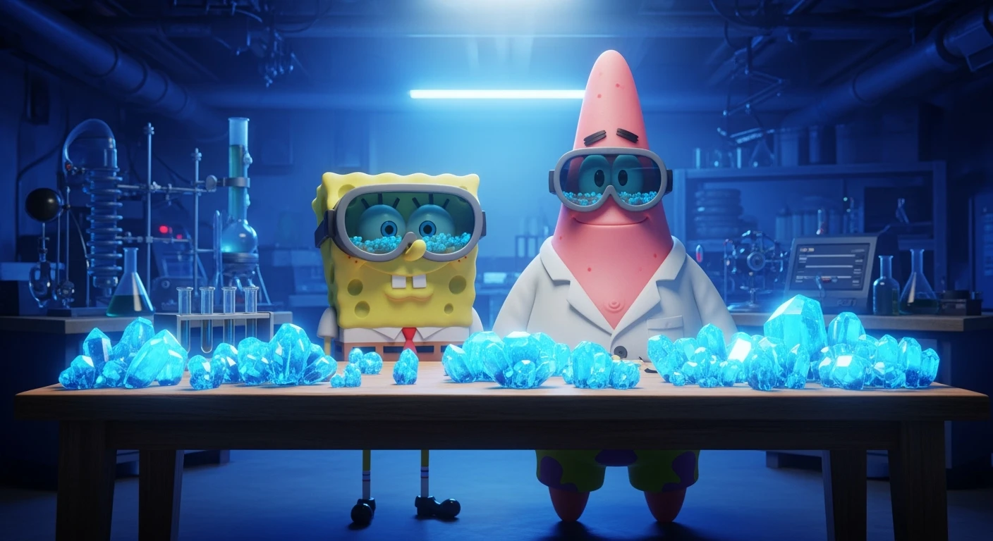 3D cienmatic cartoon shot, spongebob and patric dress in safety glasses and safe white outfit, the are standing front of table with blue crystals on table glowing (light source) science room in basement, back light, Cinema 4d render, proffesional lightning, blue colors emoji