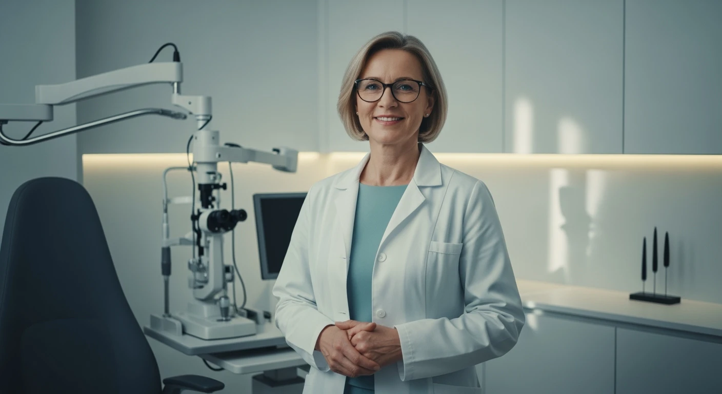 Cinematic still of a smiling european white woman with glasses smiling, minimalistic ophthalmologist interior in background, leading  lines, "rule of thirds" emoji