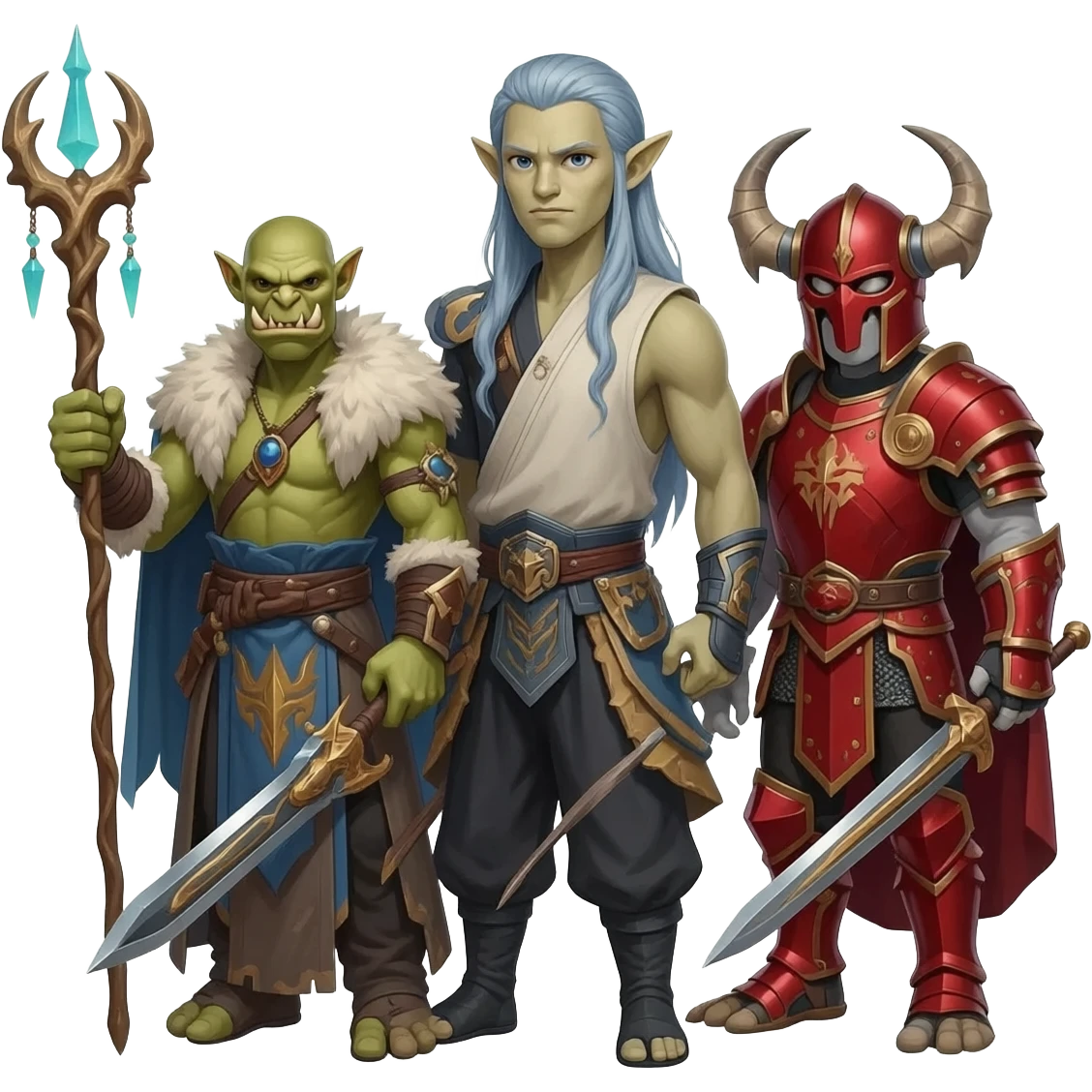A male elf kungfu master with a staff and long silver blue hair, a male orc shaman with weapons in each hand, and a male elf paladin in red armor, as a group emoji