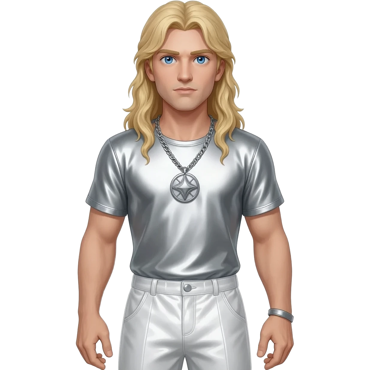 Baldr from Norse Mythology with blue eyes, long blonde hair, silver metallic shirt, white metallic baggy pants, silver necklace emoji