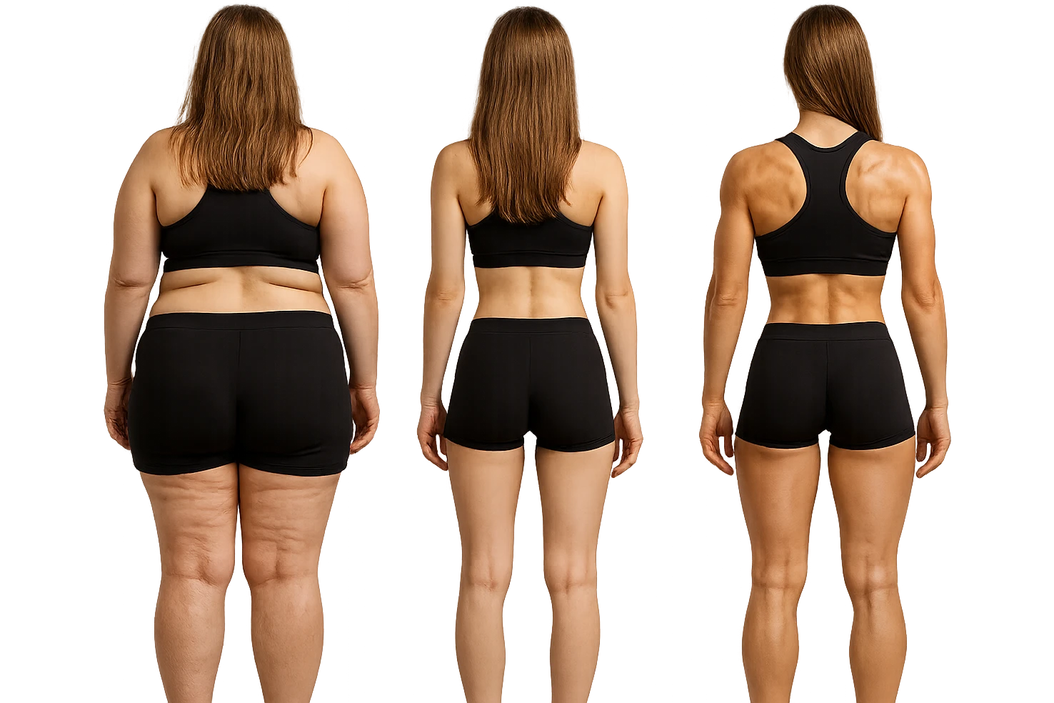 fai una donna di spalle in gym shorts leggermente sovrappeso e con cellulite e accanto una seconda donna di spalle magra (che è dimagrita post dieta) e accanto una terza donna in forma allenata e con le giuste proporzioni, l'immagine deve rappresentare il processo: da donna grassa, a donna piatta e magra, a donna allenata e in forma con i giusti muscoli, iperrealistico 4k emoji